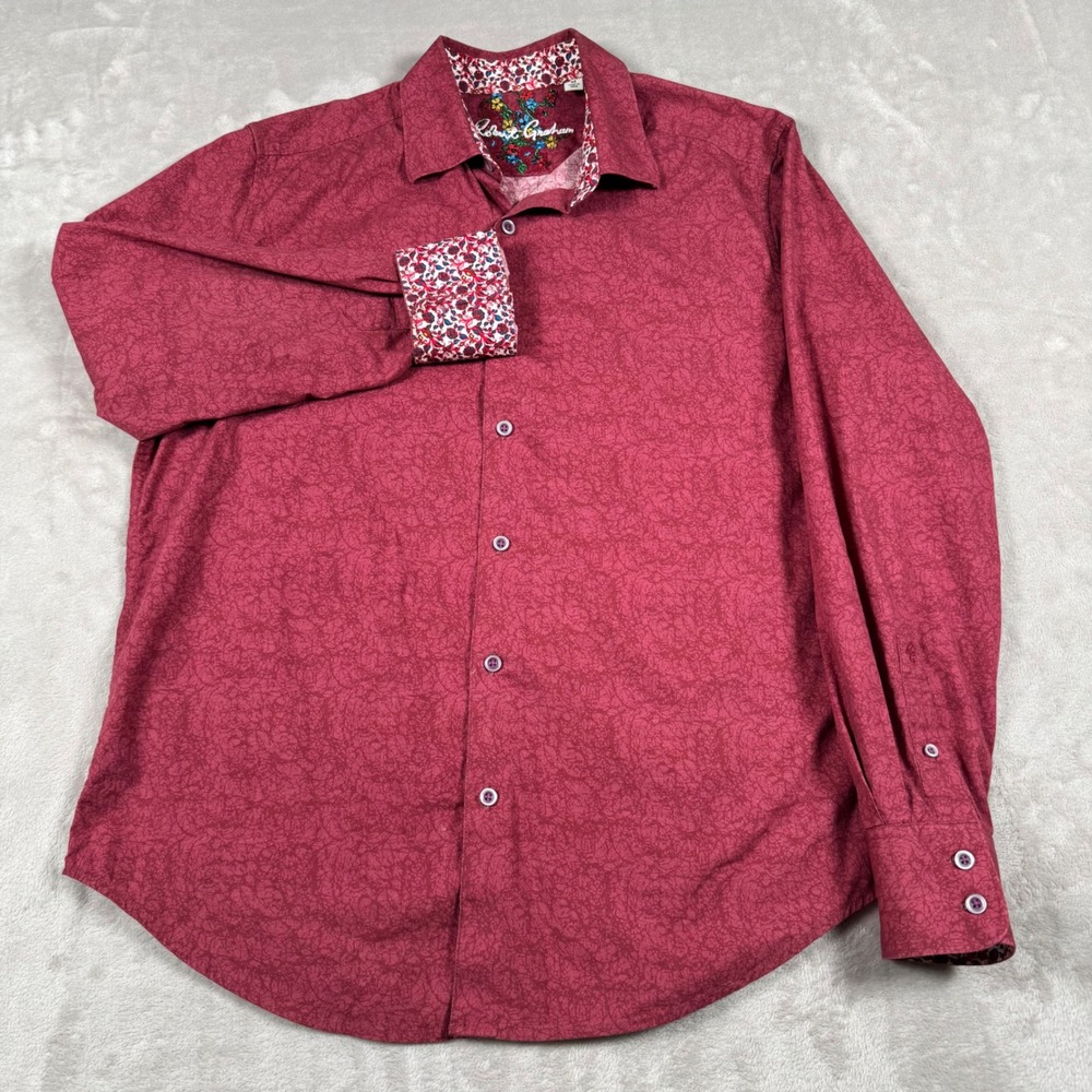 Robert Graham Button Down Shirt Mens Medium Burgundy Red Floral Flip Cuff Casual - Picture 2 of 7